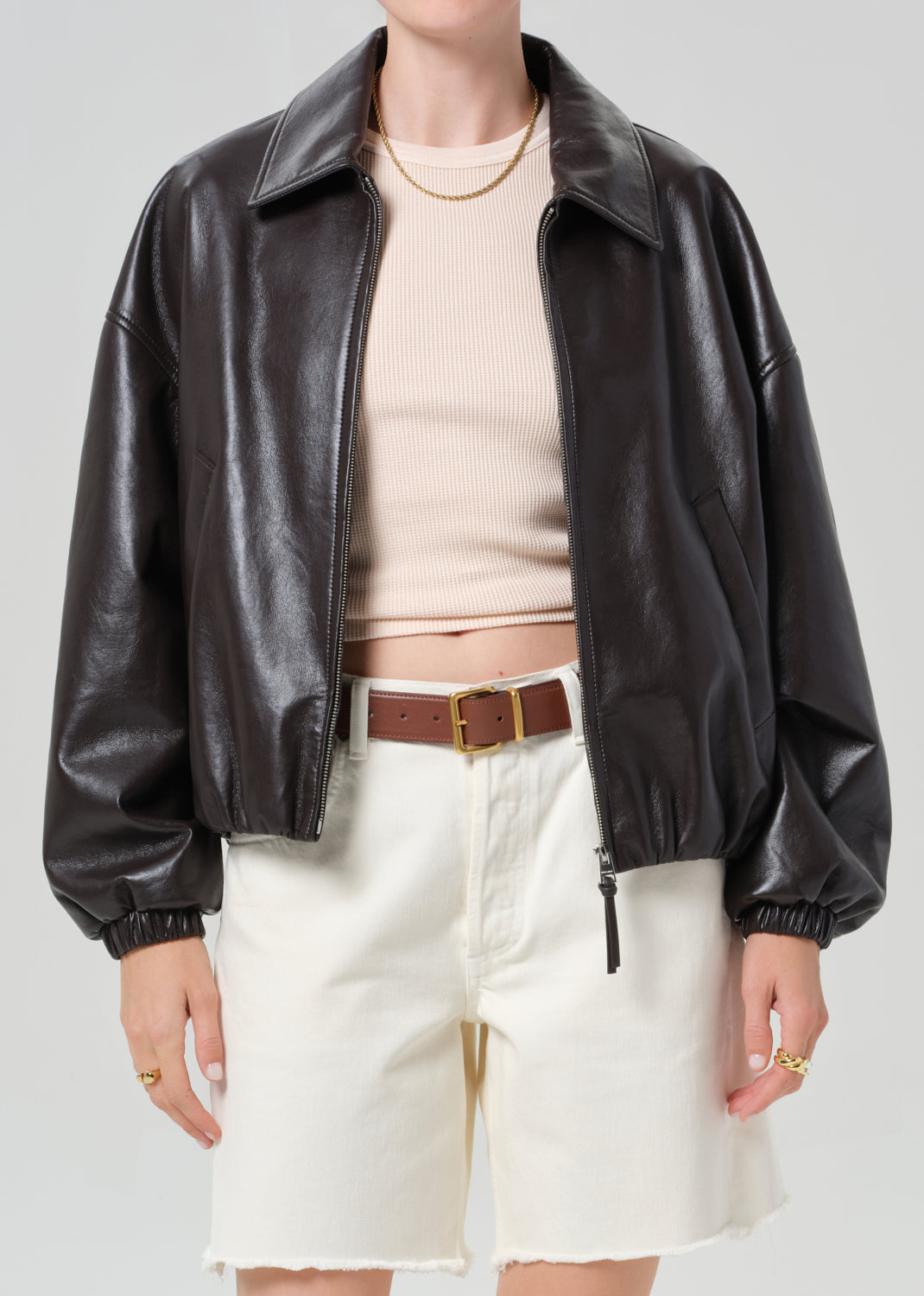 BUBBLE HEM LEATHER BOMBER JACKET