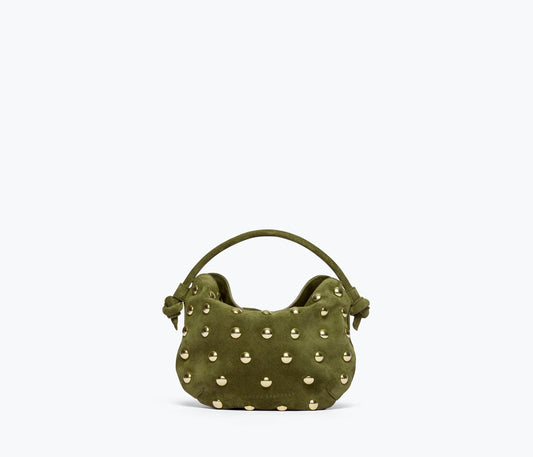 ELIS MINI CRESCENT BAG IN OLIVE SUEDE W/ GOLD STUDS